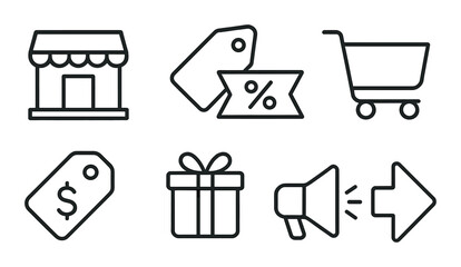 Shopping icons: store, price tags, cart, gift, megaphone
