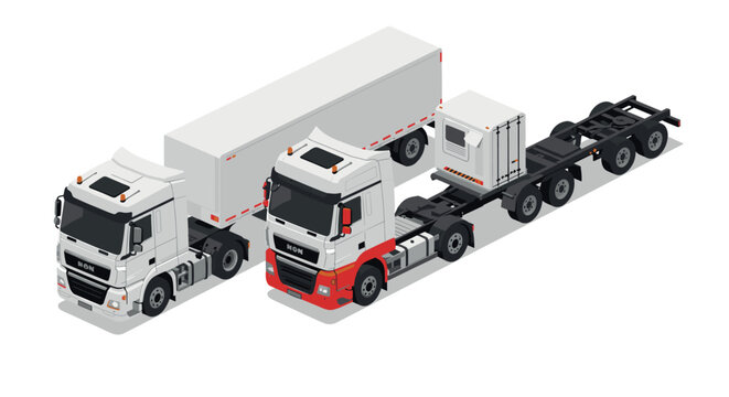Modern isometric semi trucks with trailers and flatbed in white and red tones