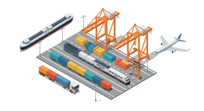 Isometric intermodal transport hub with trains, trucks, cargo ships, airplane, and cranes