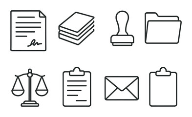 Legal and office icons on black background: documents, stamp, scale, folders, clipboard