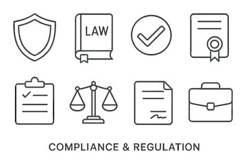 Compliance and regulation icons: law, shield, scale, document focusing on legal and business standards