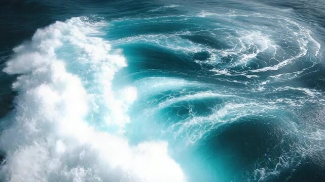A foamy ocean wave cresting, with swirling patterns on the surface in shades of blue and white