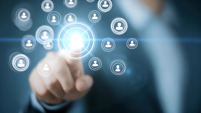 HRM or Human Resource Management, Magnifier glass focus to manager icon which is among staff icons for human development recruitment leadership and customer target. resume, interview. generate by AI