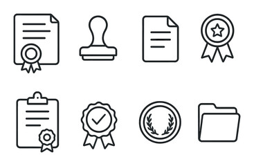 Document icons: stamp, certificate, folder, badge on dark background