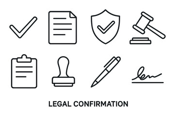 Legal symbols including checkmark, document, shield, gavel, clipboard, stamp, pen, and signature
