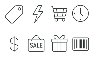 Monochrome shopping icons: tag, lightning bolt, cart, clock, dollar, sale, gift, barcode