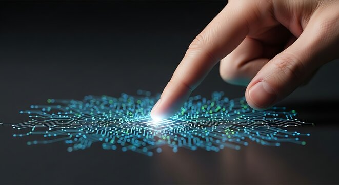 A finger touching a glowing digital network of blue lights on a dark background, symbolizing technology and connection.