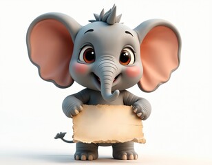 Cute cartoon elephant holds blank paper. Adorable character presents empty sign for text. Playful animal with big eyes. Illustration suits children, fun designs, announcements.