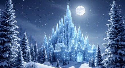 a grand ice castle surrounded by snowy evergreen trees, crystal-like towers shimmering under moonlight