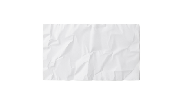 A top-down view of a single rectangular sheet of crumpled white paper, displaying its crinkled texture and folds, isolated on a clean white background