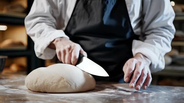 A man in a white shirt and black apron skillfully cuts dough on a wooden table. The man focuses intently on the dough, showcasing his craft in the baking environment.