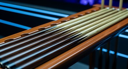 A close-up shot showcases a set of billiard cues neatly arranged within a wooden rack offering a