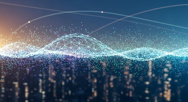 Abstract visualization of a digital network overlaying a cityscape at dusk, representing data flow and connectivity.