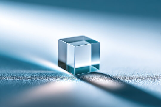 Translucent cube glass minimal modern clean desk blue light shadow geometric abstract reflection simplicity smooth elegant futuristic clarity transparent shape object design interior decor