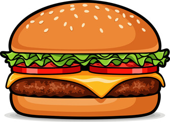 Cheeseburger with beef patty, cheese, and lettuce, flat vector illustration.