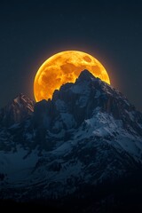 Dramatic orange moon rising behind dark clouds over mountains