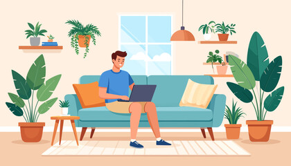 Fototapeta premium Young man enjoying the flexibility of remote work, sitting comfortably on a sofa with his laptop in a stylish, plant-filled living room, embracing the work from anywhere lifestyle