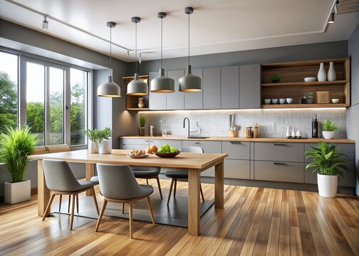 Bright Minimalist Gray Kitchen Interior Panoramic Stock Photo: Modern Dining & Cooking