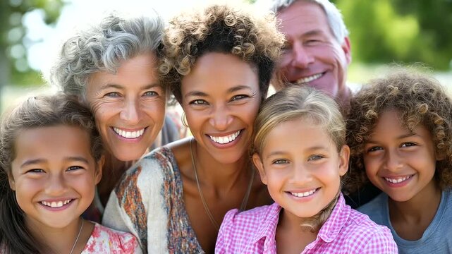 Multi-generational family portrait in garden, smiling grandparents and children, bright daylight, family unity, heritage and tradition, love and happiness, authentic group portrait