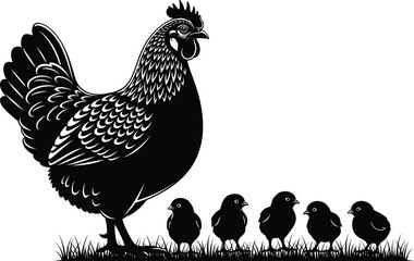 Hen and chicks silhouette, black and white vector, farm animals, mother bird, baby birds, nature scene, countryside, parenting, wildlife, grass