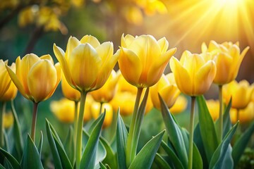 Obraz premium Bright Yellow Tulips with White Tips, Early Spring Bloom, Garden Flowers