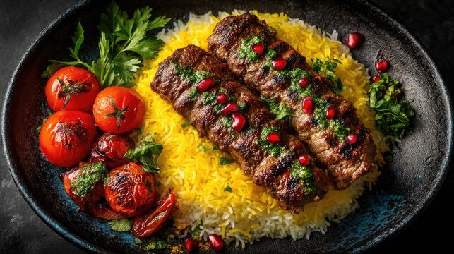 Iran dish Chelo Kabab Saffron rice with grilled meat skewers often served with grilled tomatoes and sumac