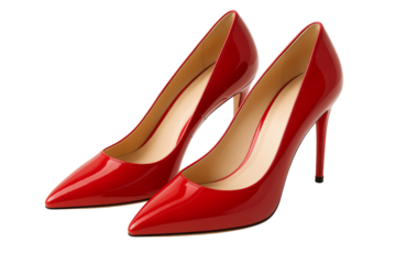 A pair of elegant red high heels, perfectly styled for fashion or a special occasion. The glossy finish catches the light, highlighting the sleek design