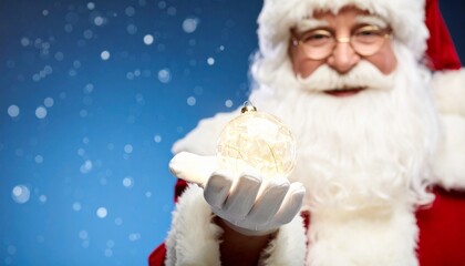 Santa Holding Glowing Snowflake Orb on Blue Background