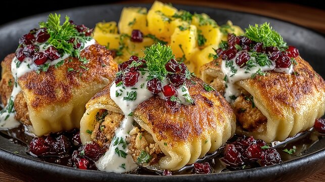 Lithuania dish Cepelinai Potato dumplings stuffed with meat shaped like zeppelins