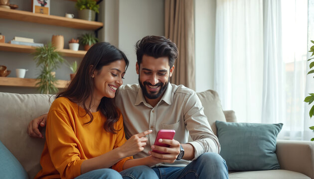 Happy young Indian couple smiles while looking at smartphone screen together, sitting on couch in cozy living room. Woman points at phone, sharing content with her partner during leisure time at home.