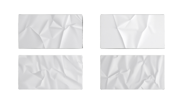 Set of realistic crumpled white paper textures, perfect for adding an authentic, minimalist, and distressed sticker or label effect to designs, presenting a simple yet detailed surface