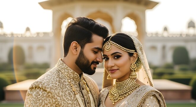 A Beautiful Indian Couple Embracing During a Traditional Wedding Ceremony