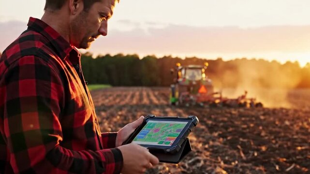 a man dressed in a red plaid shirt, looking down at a tablet he is holding in his hands. A map with various icons is displayed on the tablet screen.A green tractor is visible behind the man, in a cult