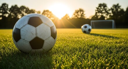 Fototapeta premium Sunlit Soccer Balls on Green Grass at Golden Hour, Symbolizing Energy, Teamwork and Competition