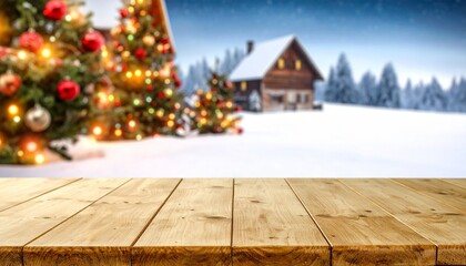 Wooden Tabletop with Blurred Christmas Tree and Window Wreath
