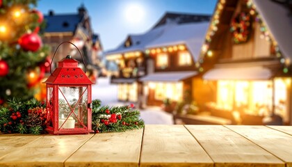 Wooden Tabletop with Blurred Christmas Tree and Window Wreath