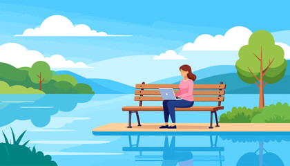Fototapeta premium Work from anywhere, remote work Woman working on laptop sitting near lake in nature
