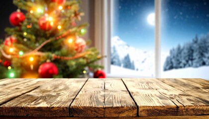 Wooden Tabletop with Blurred Christmas Tree and Window Wreath