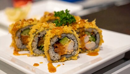 delicious hot tempura sushi rolls being served on a white plate 