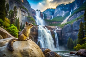 California Ground Squirrel Yosemite Falls Granite Rocks Wildlife Double Exposure