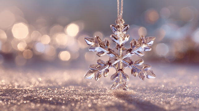 Crystal snowflake ornament on glitter background winter decor