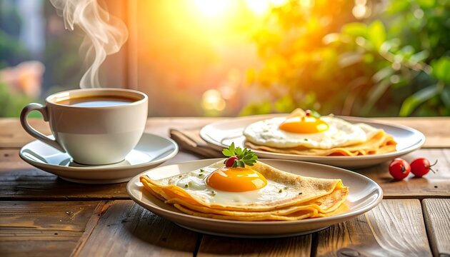 Morning breakfast scene with sunny-side up eggs and coffee