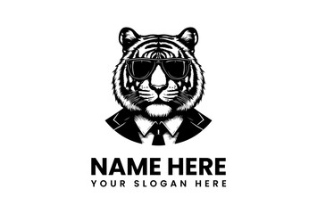Cool Tiger in Sunglasses and Suit Logo - Majestic Feline Character Illustration