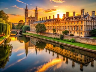 Cambridge University Evening Skyline: Iconic River Cam & College Buildings at Sunset