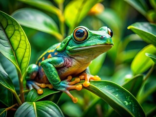 Camouflaged Tree Frog on Lush Green Leaves - Long Exposure Photography
