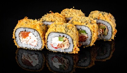 tempura sushi roll on black background with reflection 