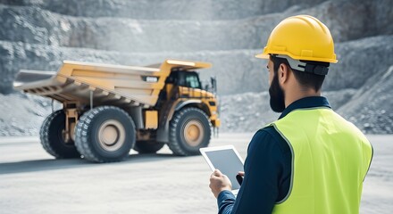 Mining Engineer Inspecting Dump Truck Operation with Tablet at Quarry Site