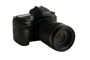 A black digital camera with a large lens, perfect for capturing high-quality photographs. This camera is a tool for professional and amateur photographers
