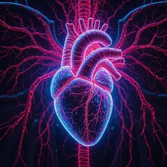 Stunning anatomical heart illustration with vibrant neon glow and intricate vascular system for medical research and healthcare marketing materials