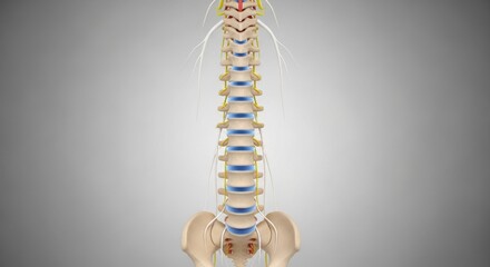 Detailed spinal column anatomy for medical education and healthcare marketing, showing vertebrae, discs, and nerves in a professional, clean presentation